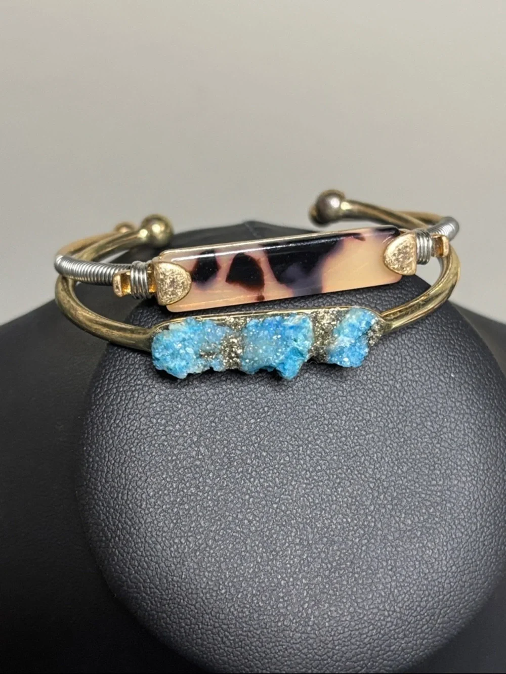 Bundle of Blue Gold Druzy Animal Print Cuff Bangle Bracelet